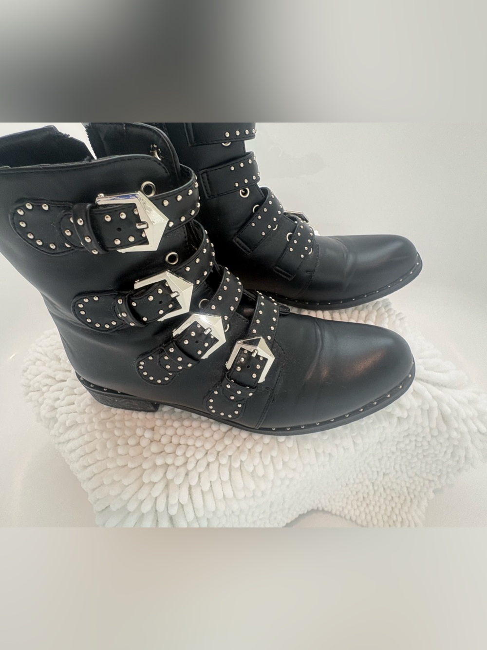 Studded Black Buckle Ankle Boots - Women